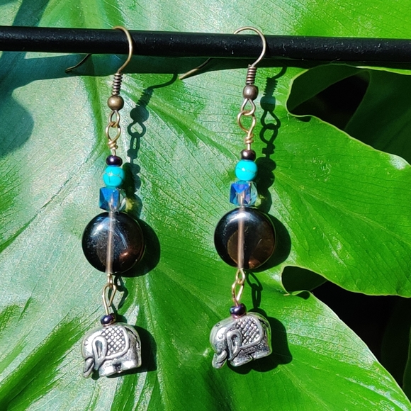 Smokey Quartz, Elephant Charm, Dyed Howlite Earrings - Picture 2 of 16